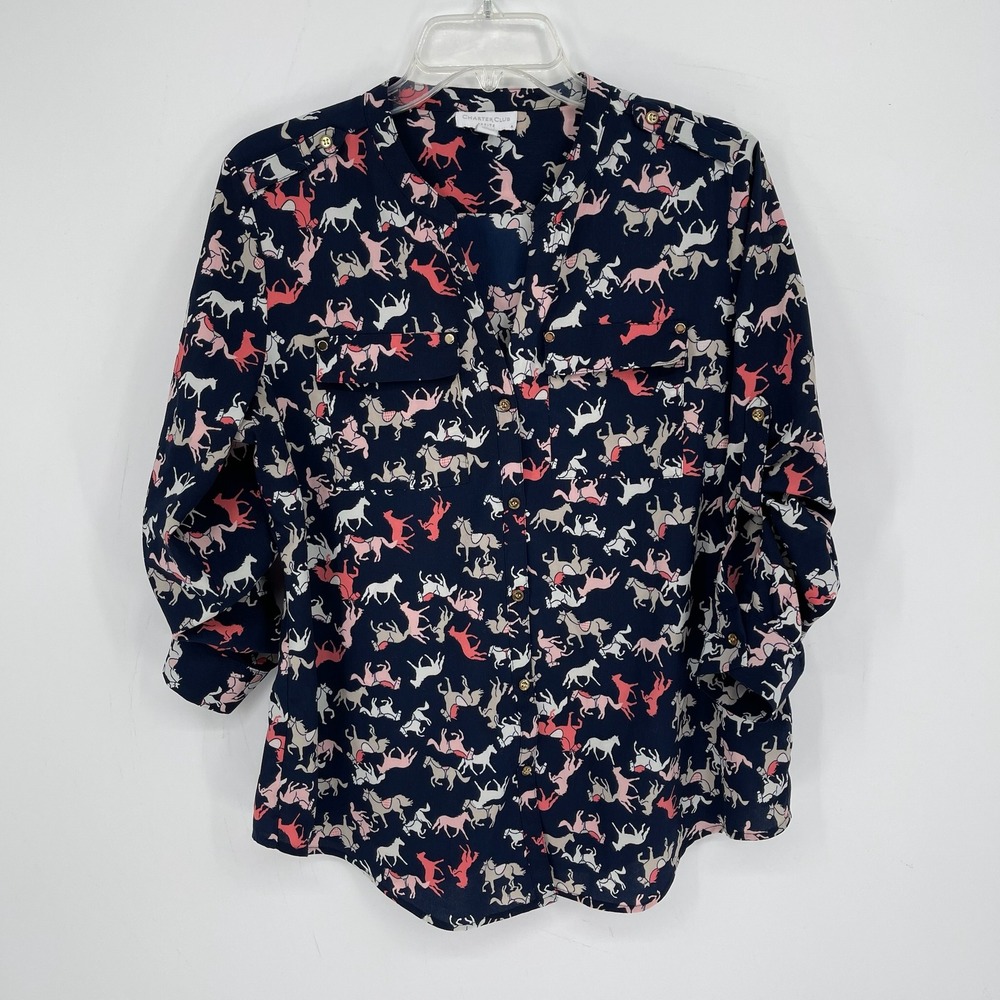 Charter‎ Club Women's Blue Horse Print Roll Tab Sleeve Button Front Top Size PL